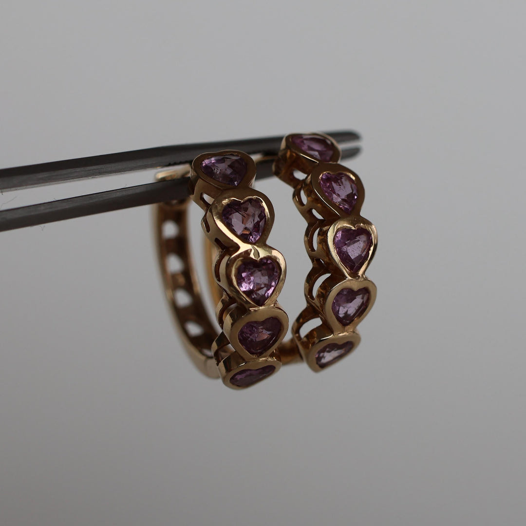 Hanging Pink Sapphire Heart Hoops