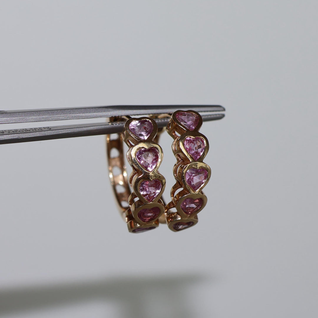Hanging Pink Sapphire Heart Hoops